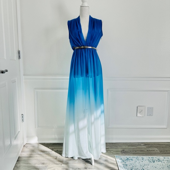 BeBe Blue Ombre Maxi Dress / Romper + Built In Shorts Maxi Sheer Deep V Neck - Picture 4 of 17